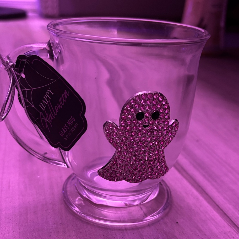 Clear Glass Mug with Rhinestone Ghost